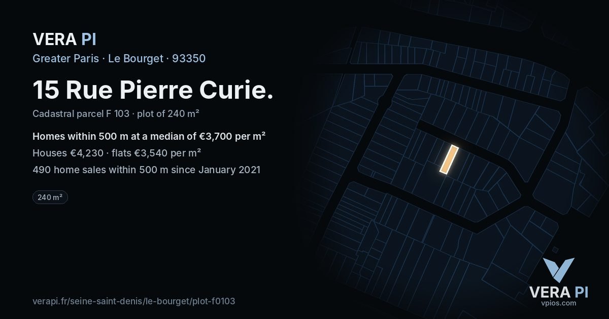 15 Rue Pierre Curie, Le Bourget at night – the plot lit, the parcels around coloured by the prices near them