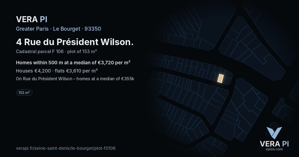 4 Rue du Président Wilson, Le Bourget at night – the plot lit, the parcels around coloured by the prices near them