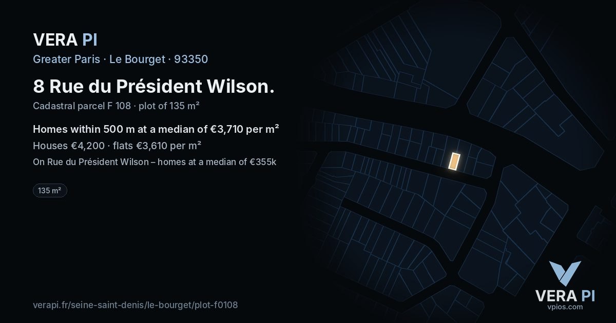 8 Rue du Président Wilson, Le Bourget at night – the plot lit, the parcels around coloured by the prices near them