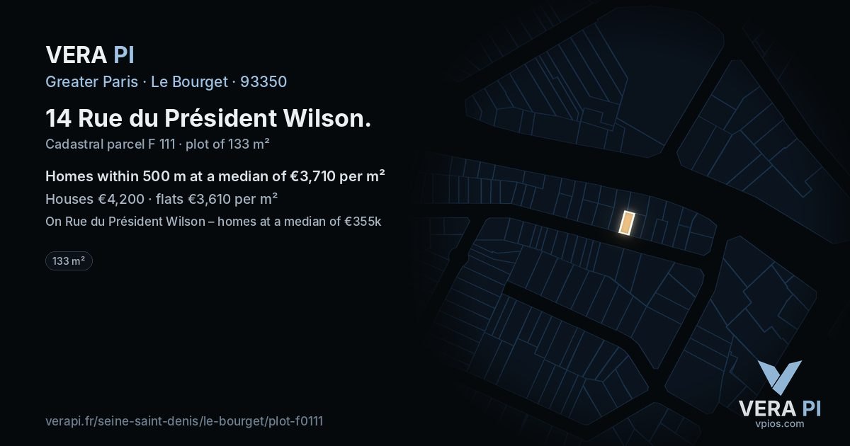 14 Rue du Président Wilson, Le Bourget at night – the plot lit, the parcels around coloured by the prices near them