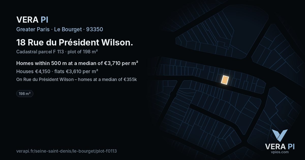 18 Rue du Président Wilson, Le Bourget at night – the plot lit, the parcels around coloured by the prices near them