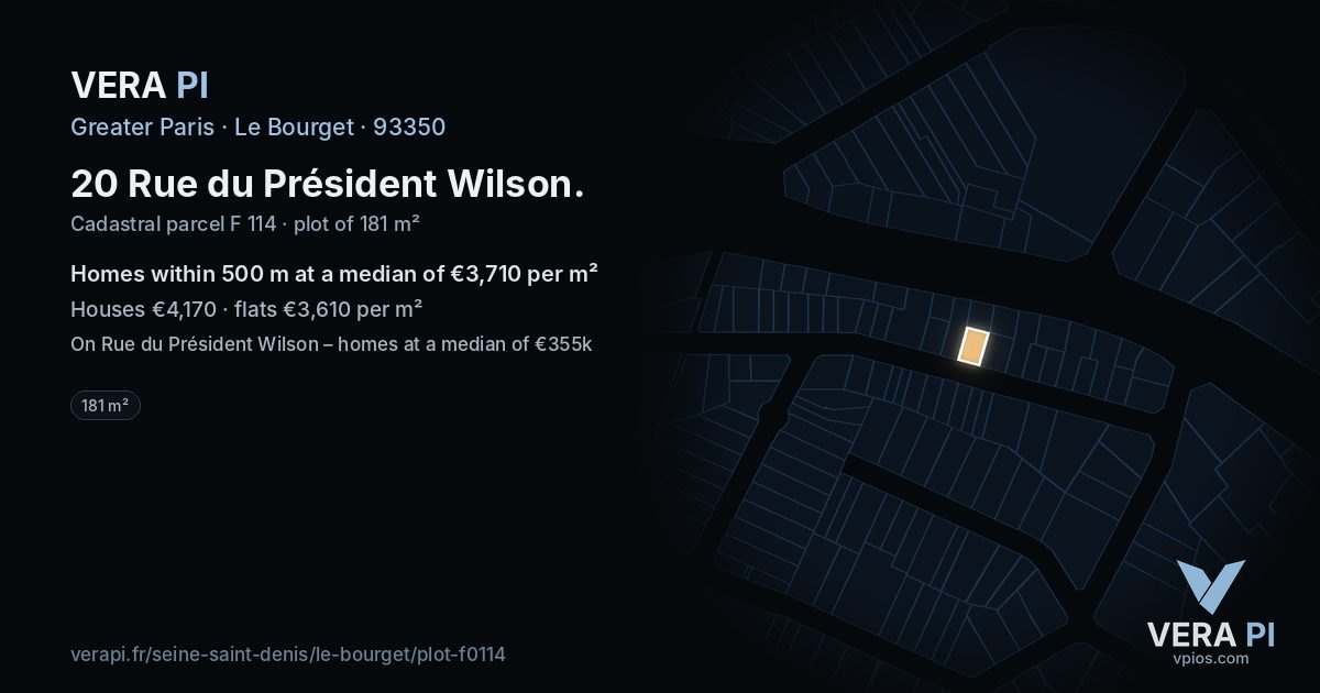 20 Rue du Président Wilson, Le Bourget at night – the plot lit, the parcels around coloured by the prices near them