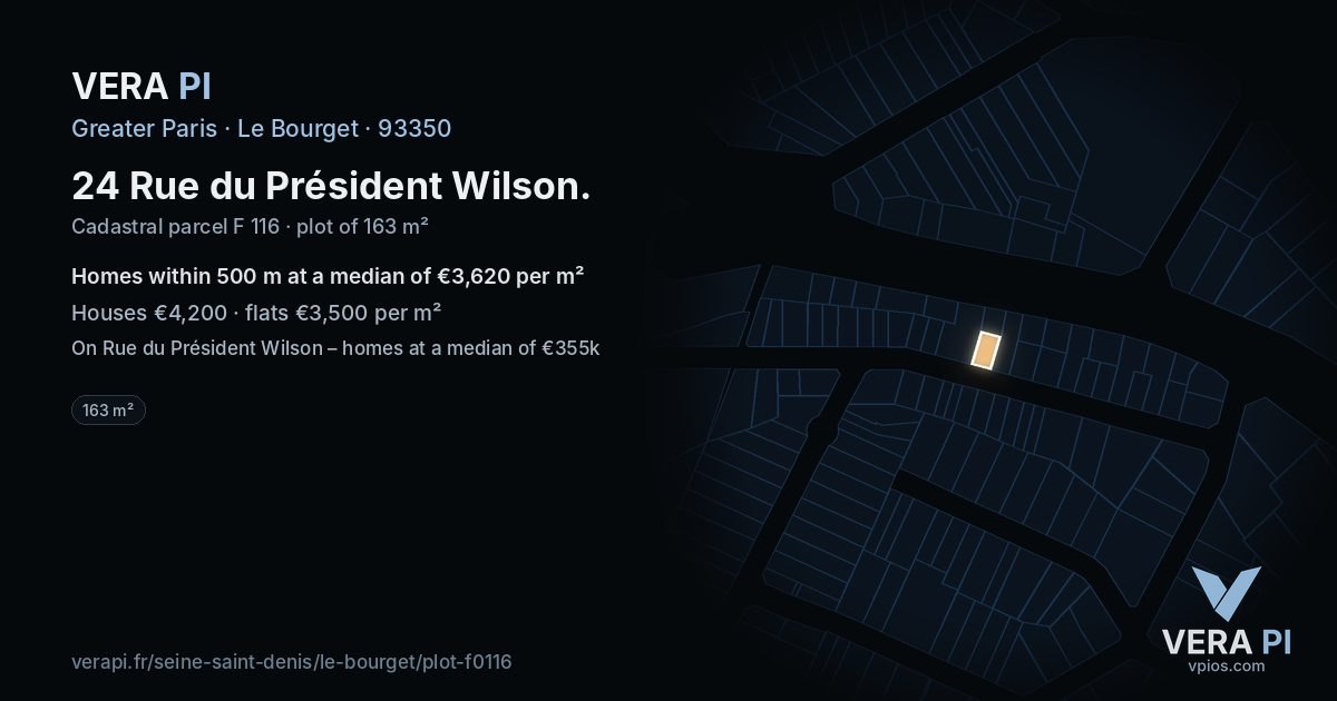 24 Rue du Président Wilson, Le Bourget at night – the plot lit, the parcels around coloured by the prices near them