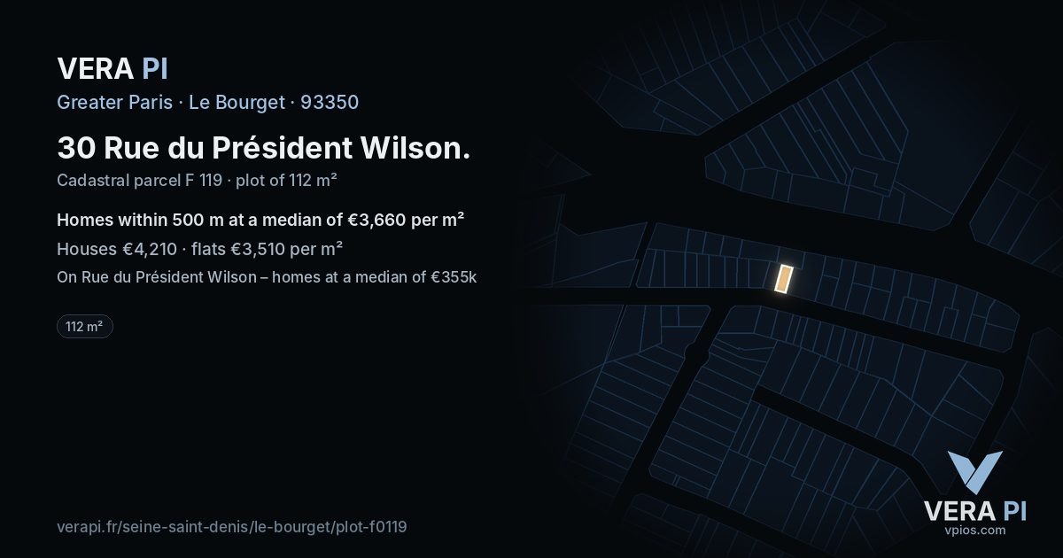 30 Rue du Président Wilson, Le Bourget at night – the plot lit, the parcels around coloured by the prices near them