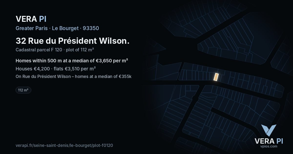 32 Rue du Président Wilson, Le Bourget at night – the plot lit, the parcels around coloured by the prices near them