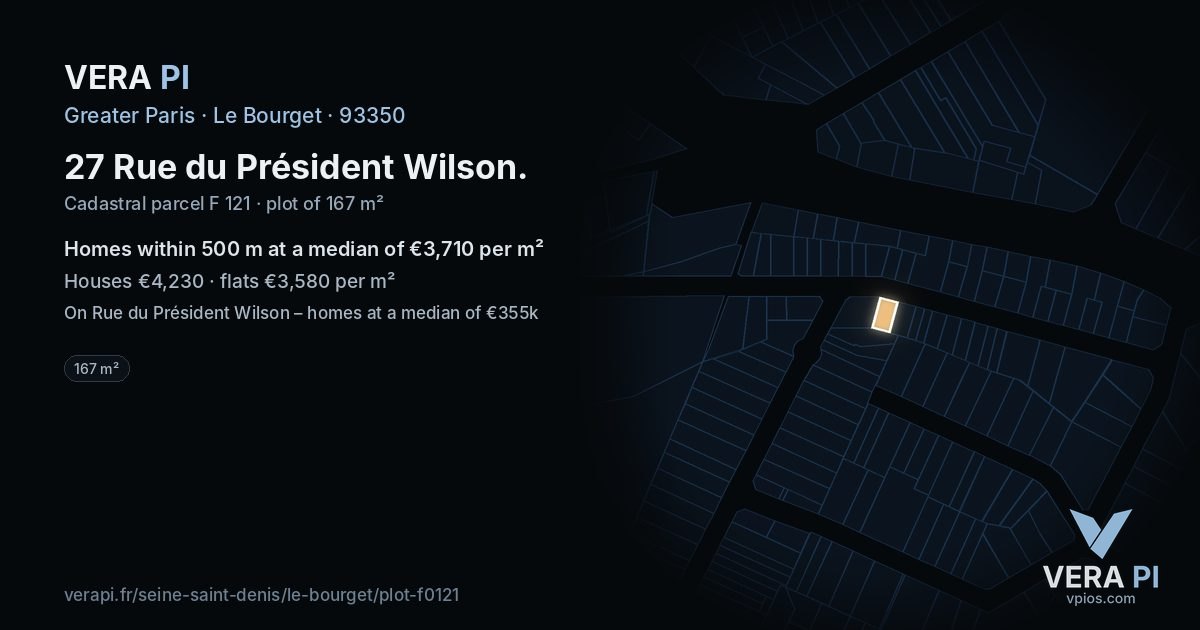 27 Rue du Président Wilson, Le Bourget at night – the plot lit, the parcels around coloured by the prices near them
