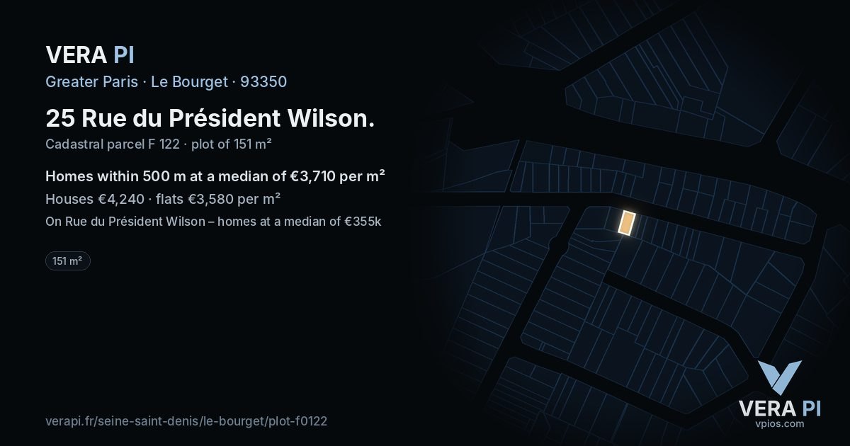 25 Rue du Président Wilson, Le Bourget at night – the plot lit, the parcels around coloured by the prices near them