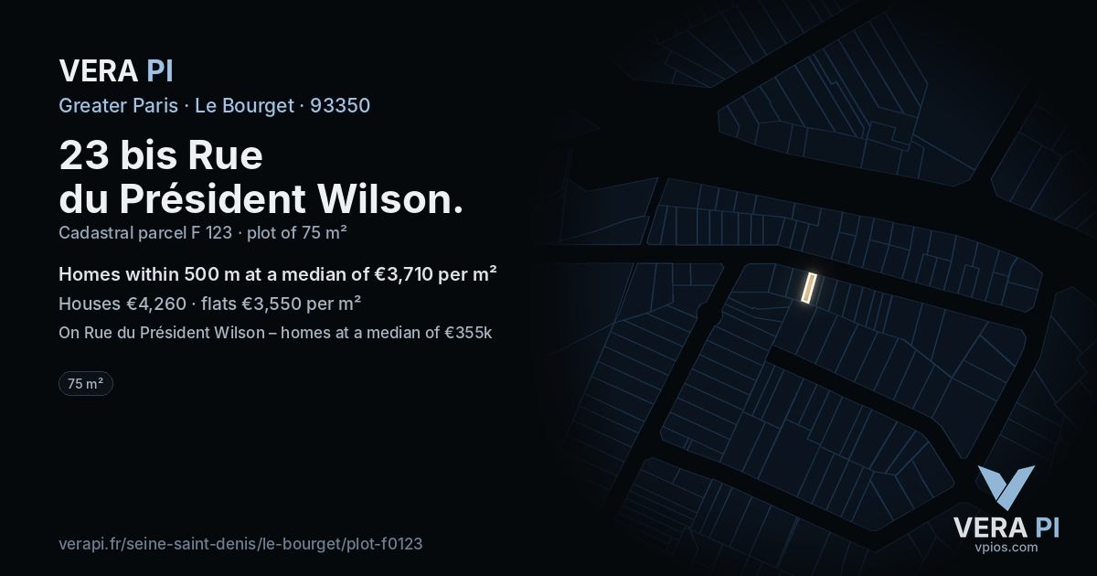 23 bis Rue du Président Wilson, Le Bourget at night – the plot lit, the parcels around coloured by the prices near them