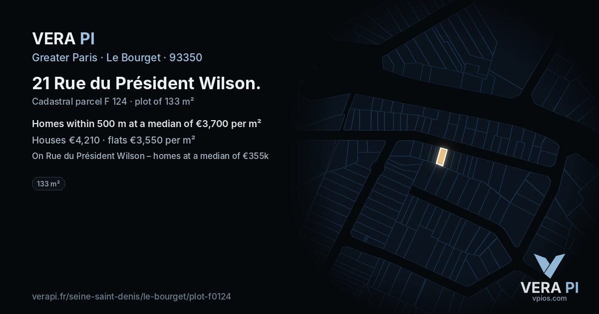 21 Rue du Président Wilson, Le Bourget at night – the plot lit, the parcels around coloured by the prices near them