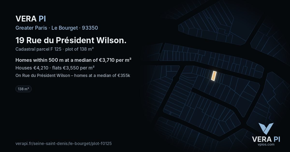19 Rue du Président Wilson, Le Bourget at night – the plot lit, the parcels around coloured by the prices near them