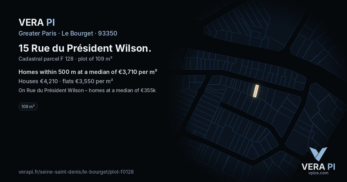 15 Rue du Président Wilson, Le Bourget at night – the plot lit, the parcels around coloured by the prices near them