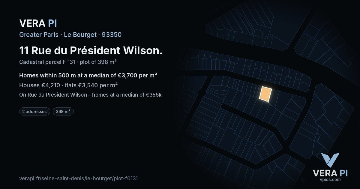 11 Rue du Président Wilson, Le Bourget at night – the plot lit, the parcels around coloured by the prices near them