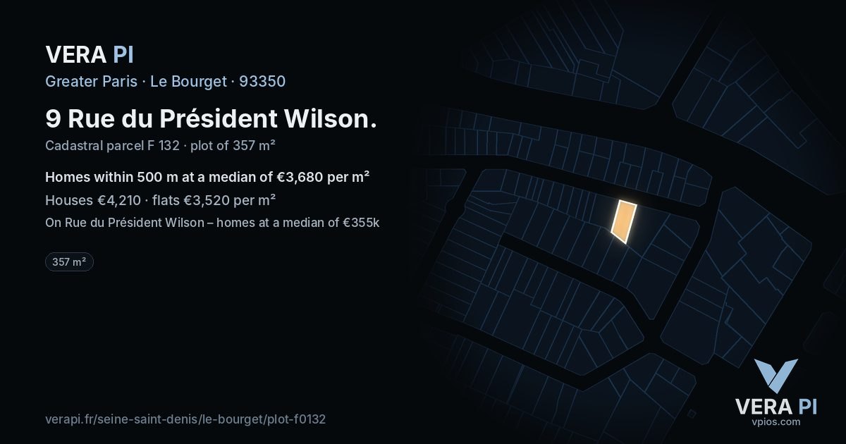 9 Rue du Président Wilson, Le Bourget at night – the plot lit, the parcels around coloured by the prices near them