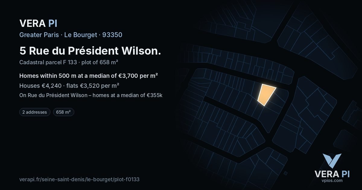 5 Rue du Président Wilson, Le Bourget at night – the plot lit, the parcels around coloured by the prices near them