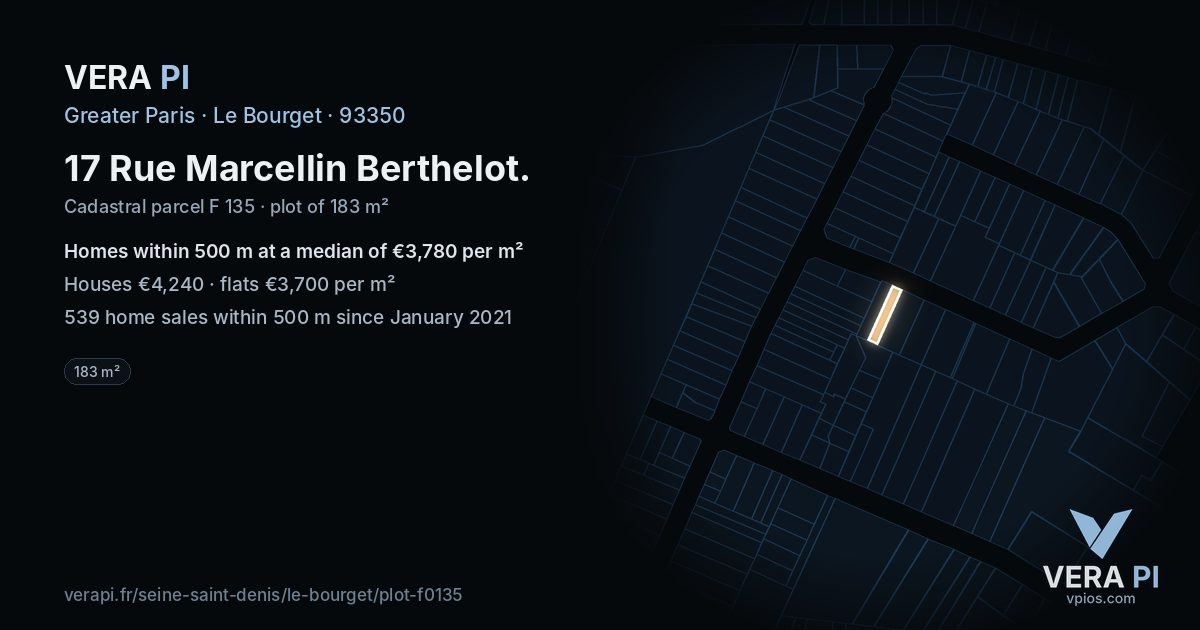 17 Rue Marcellin Berthelot, Le Bourget at night – the plot lit, the parcels around coloured by the prices near them