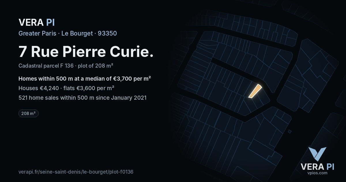 7 Rue Pierre Curie, Le Bourget at night – the plot lit, the parcels around coloured by the prices near them
