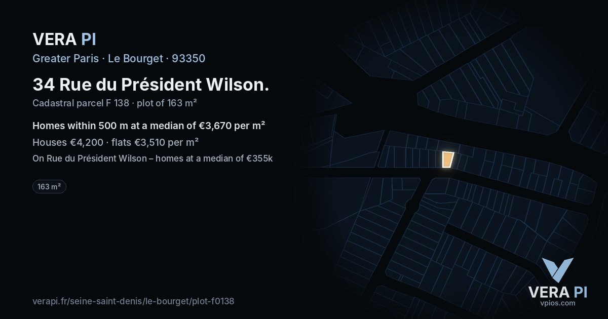 34 Rue du Président Wilson, Le Bourget at night – the plot lit, the parcels around coloured by the prices near them