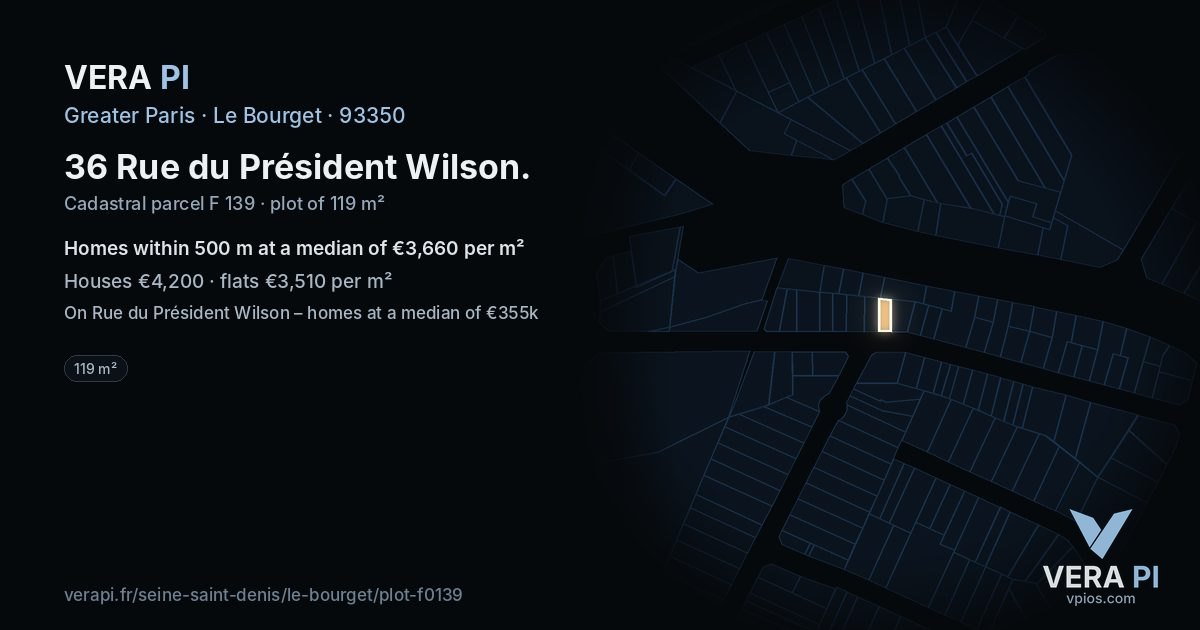 36 Rue du Président Wilson, Le Bourget at night – the plot lit, the parcels around coloured by the prices near them