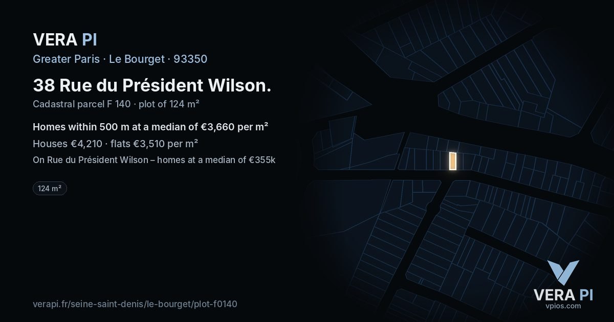 38 Rue du Président Wilson, Le Bourget at night – the plot lit, the parcels around coloured by the prices near them