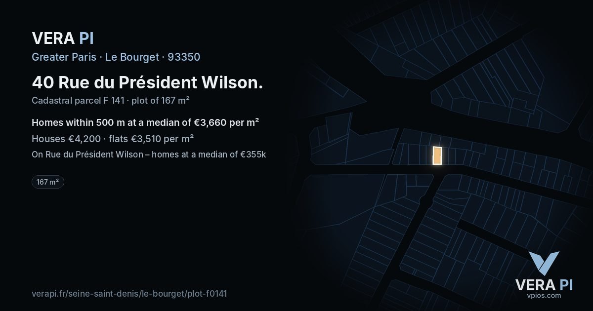 40 Rue du Président Wilson, Le Bourget at night – the plot lit, the parcels around coloured by the prices near them