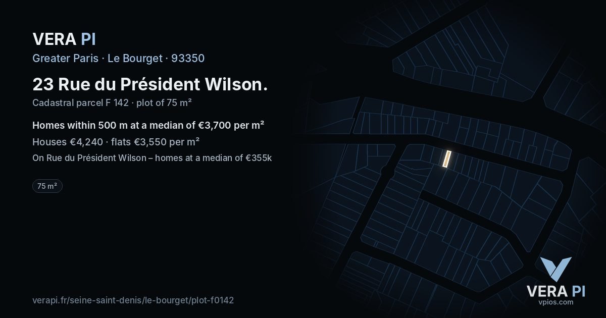 23 Rue du Président Wilson, Le Bourget at night – the plot lit, the parcels around coloured by the prices near them