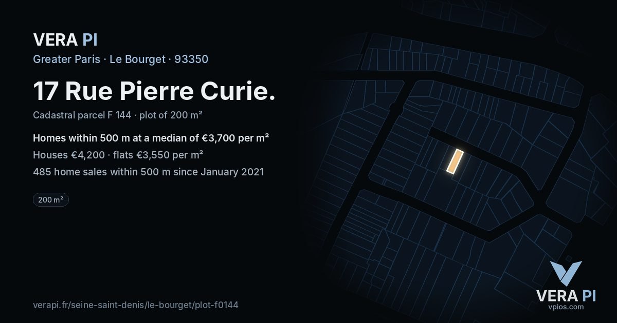 17 Rue Pierre Curie, Le Bourget at night – the plot lit, the parcels around coloured by the prices near them