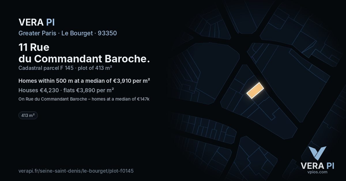 11 Rue du Commandant Baroche, Le Bourget at night – the plot lit, the parcels around coloured by the prices near them