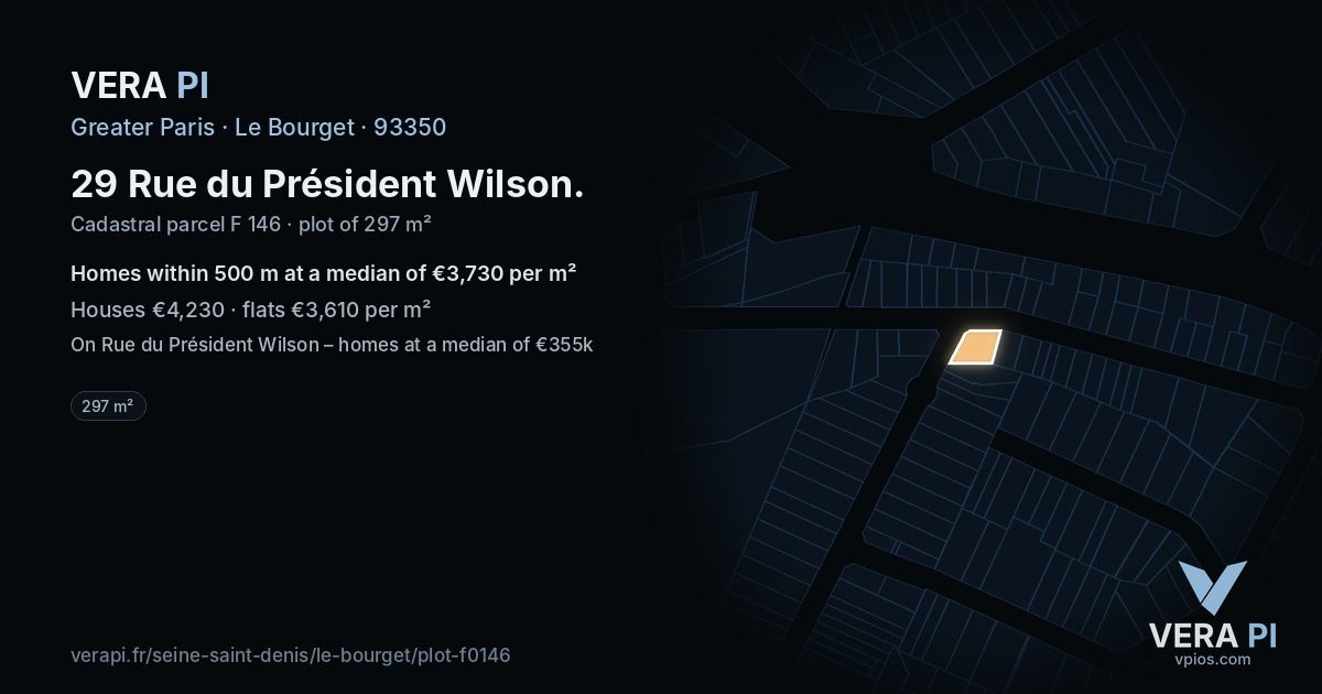 29 Rue du Président Wilson, Le Bourget at night – the plot lit, the parcels around coloured by the prices near them