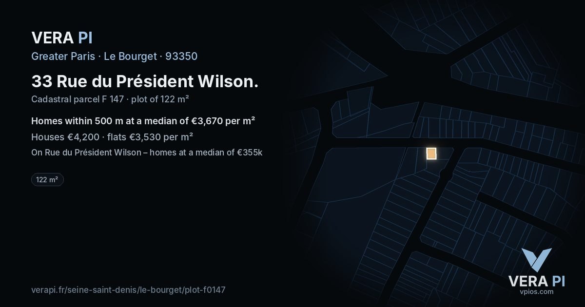 33 Rue du Président Wilson, Le Bourget at night – the plot lit, the parcels around coloured by the prices near them