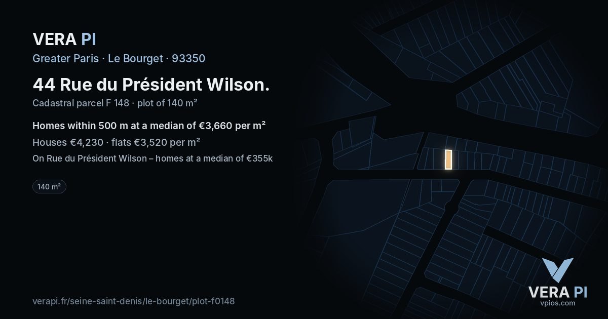 44 Rue du Président Wilson, Le Bourget at night – the plot lit, the parcels around coloured by the prices near them