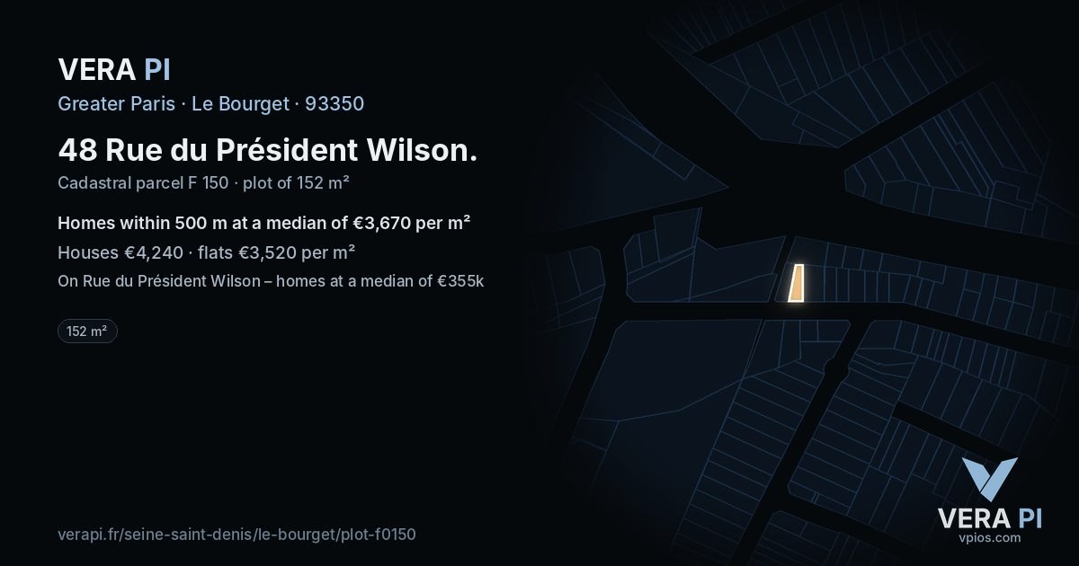 48 Rue du Président Wilson, Le Bourget at night – the plot lit, the parcels around coloured by the prices near them