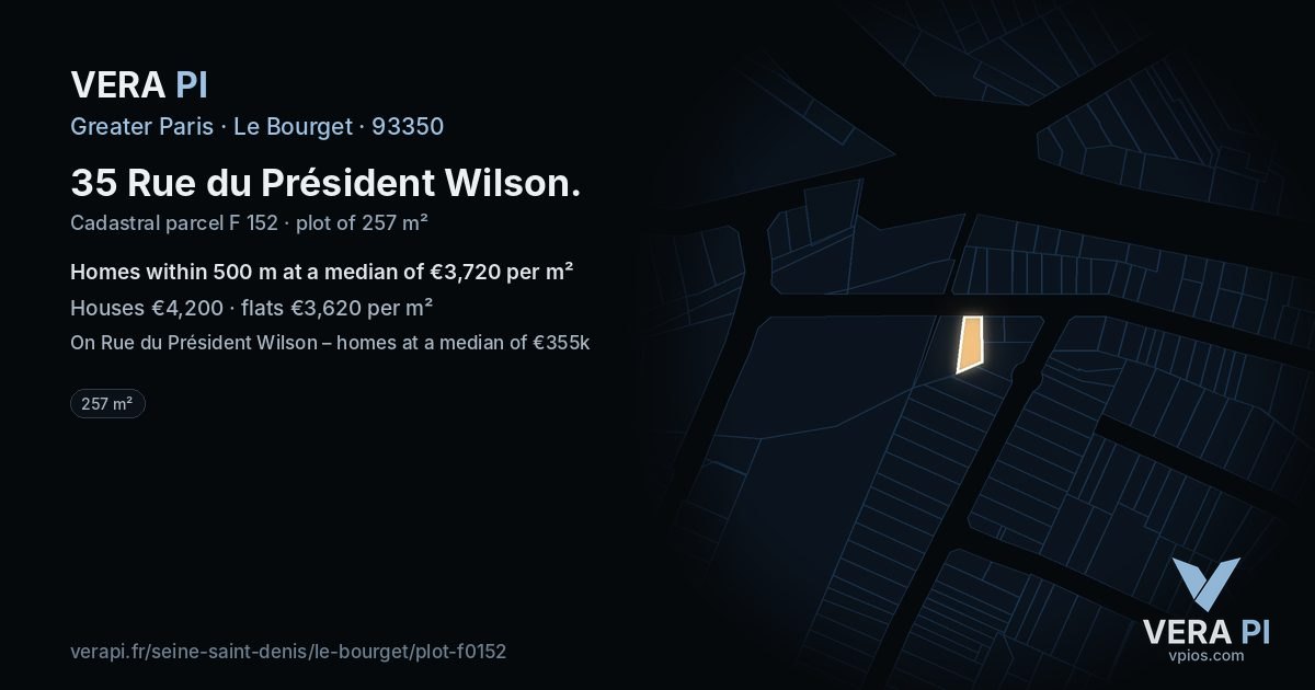 35 Rue du Président Wilson, Le Bourget at night – the plot lit, the parcels around coloured by the prices near them