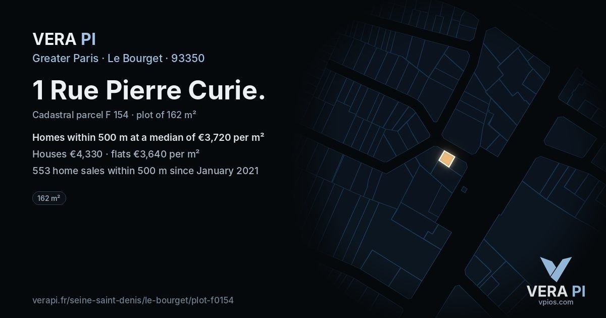 1 Rue Pierre Curie, Le Bourget at night – the plot lit, the parcels around coloured by the prices near them