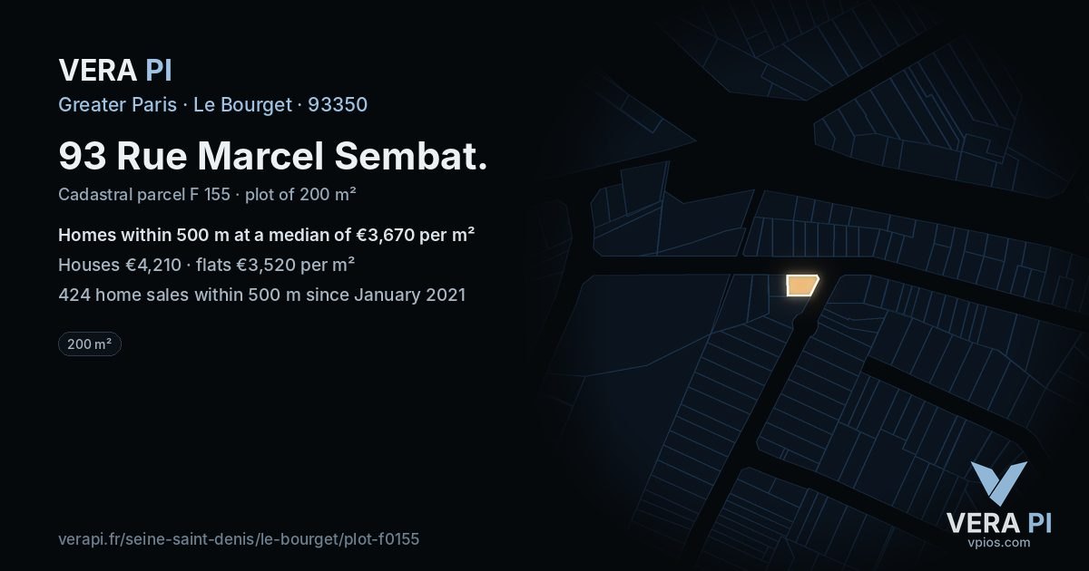 93 Rue Marcel Sembat, Le Bourget at night – the plot lit, the parcels around coloured by the prices near them