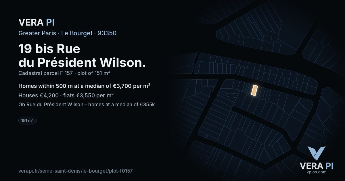 19 bis Rue du Président Wilson, Le Bourget at night – the plot lit, the parcels around coloured by the prices near them