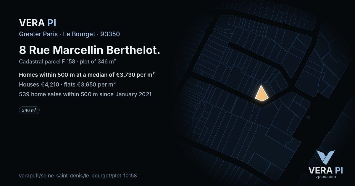 8 Rue Marcellin Berthelot, Le Bourget at night – the plot lit, the parcels around coloured by the prices near them