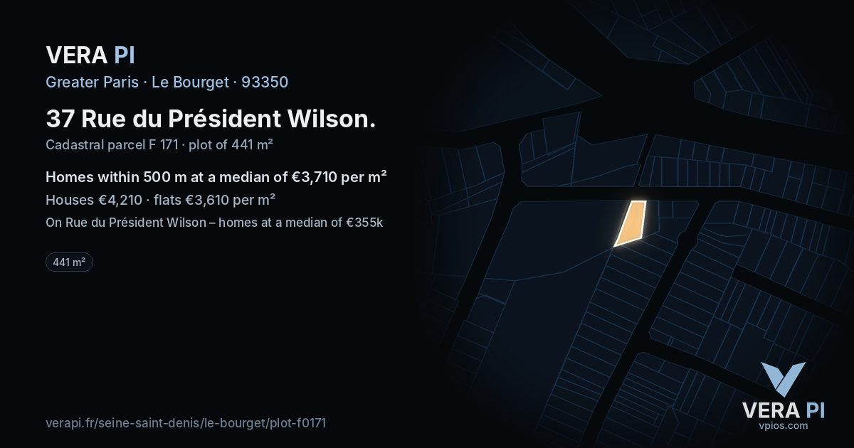 37 Rue du Président Wilson, Le Bourget at night – the plot lit, the parcels around coloured by the prices near them