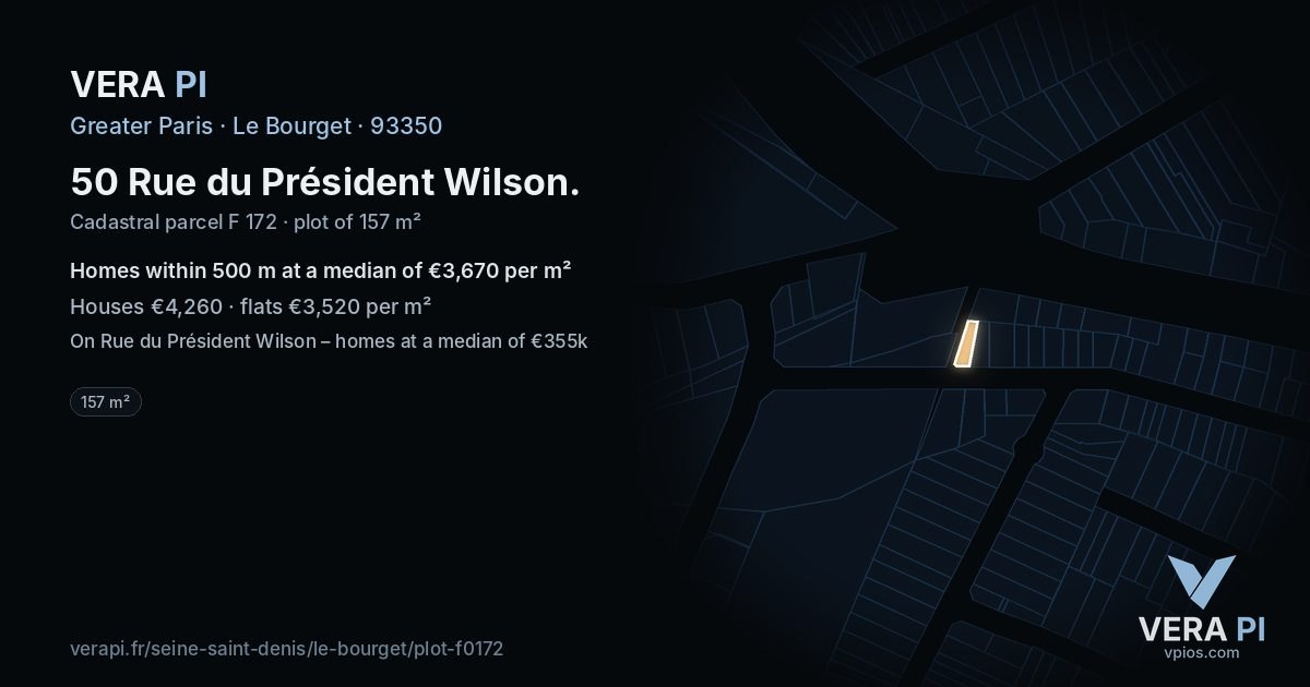 50 Rue du Président Wilson, Le Bourget at night – the plot lit, the parcels around coloured by the prices near them