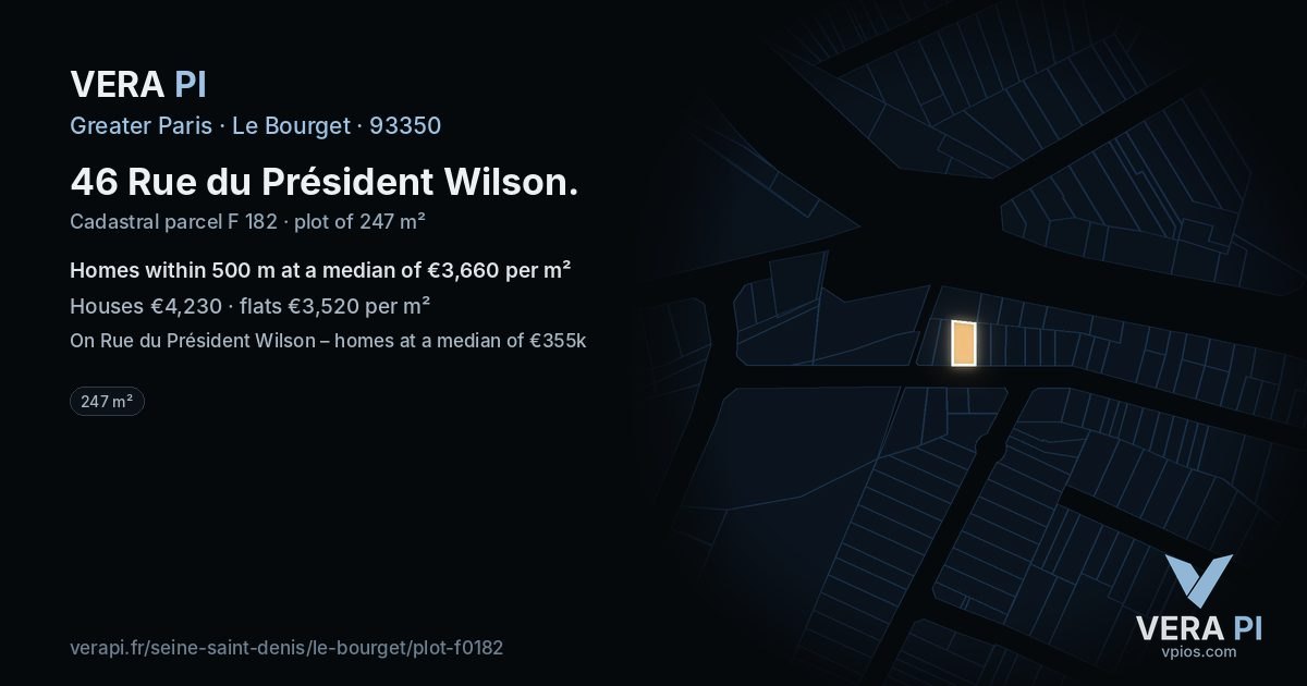 46 Rue du Président Wilson, Le Bourget at night – the plot lit, the parcels around coloured by the prices near them