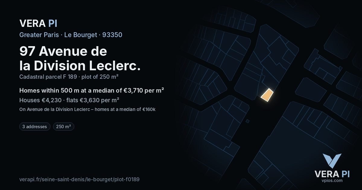 97 Avenue de la Division Leclerc, Le Bourget at night – the plot lit, the parcels around coloured by the prices near them