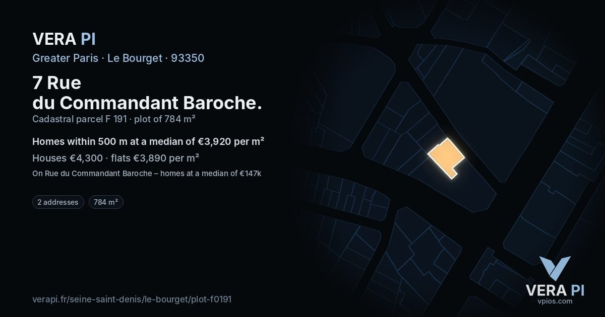 7 Rue du Commandant Baroche, Le Bourget at night – the plot lit, the parcels around coloured by the prices near them