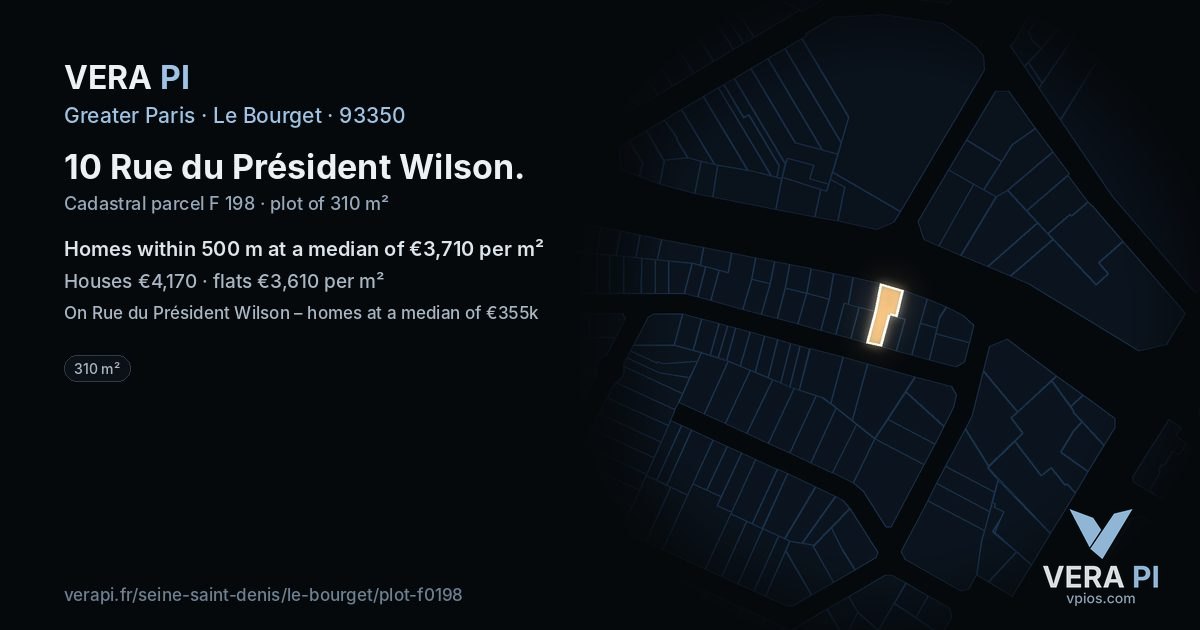 10 Rue du Président Wilson, Le Bourget at night – the plot lit, the parcels around coloured by the prices near them