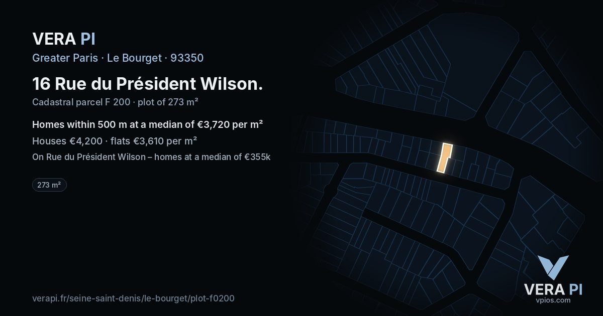 16 Rue du Président Wilson, Le Bourget at night – the plot lit, the parcels around coloured by the prices near them