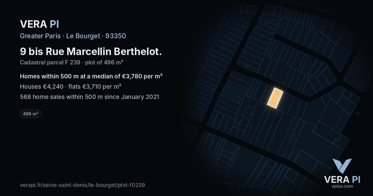 9 bis Rue Marcellin Berthelot, Le Bourget at night – the plot lit, the parcels around coloured by the prices near them
