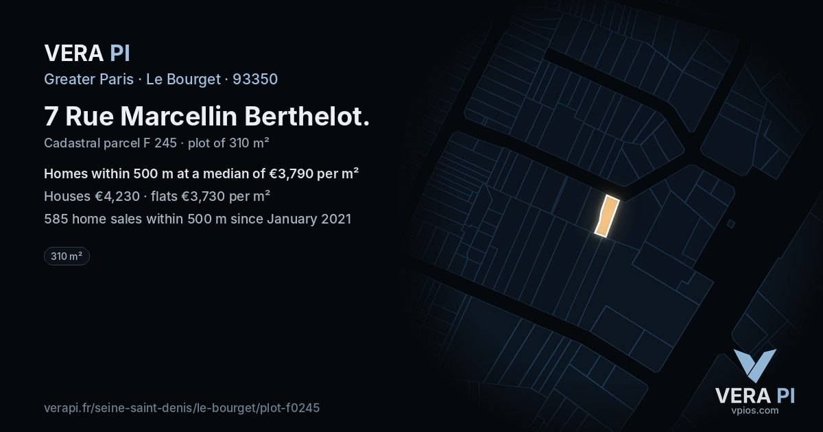7 Rue Marcellin Berthelot, Le Bourget at night – the plot lit, the parcels around coloured by the prices near them