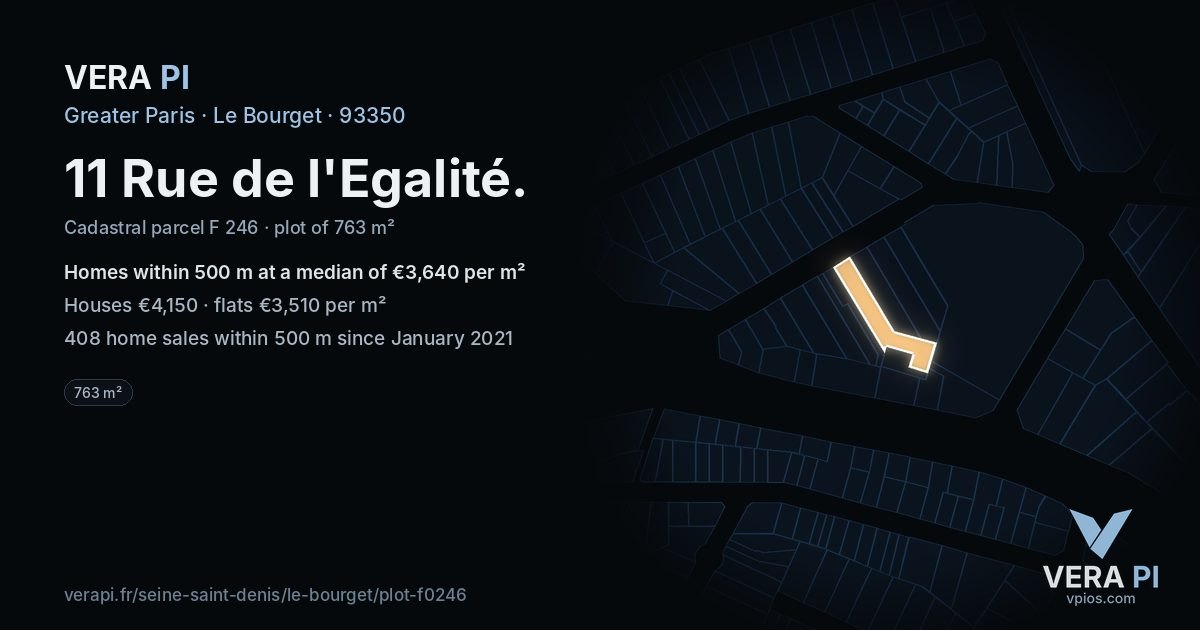11 Rue de l'Egalité, Le Bourget at night – the plot lit, the parcels around coloured by the prices near them