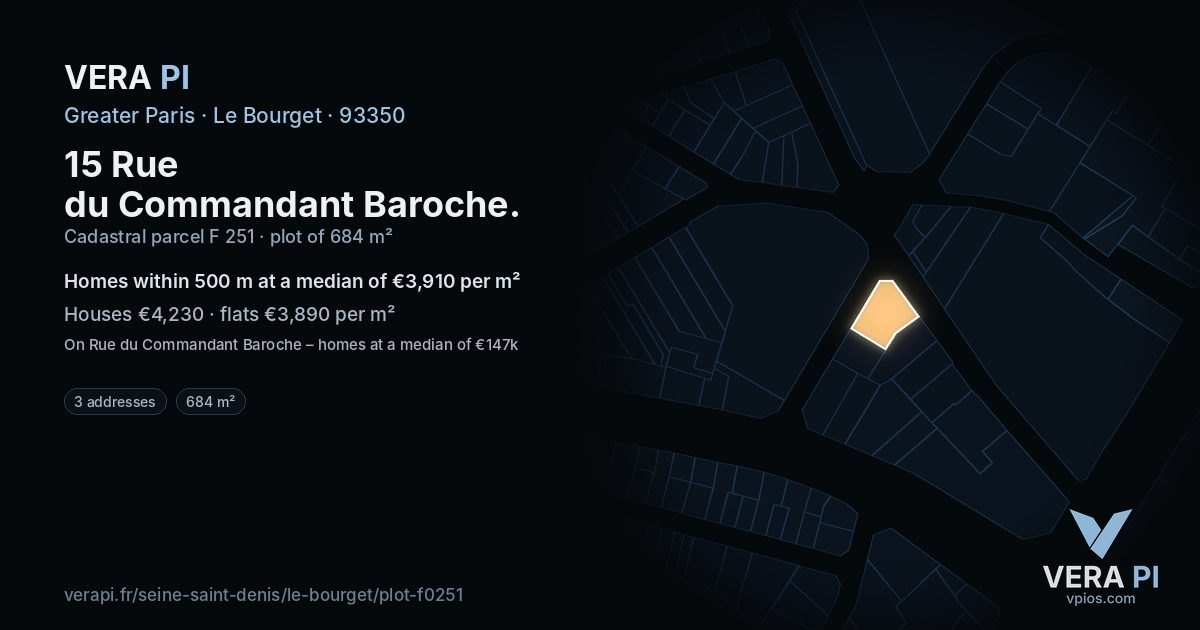 15 Rue du Commandant Baroche, Le Bourget at night – the plot lit, the parcels around coloured by the prices near them