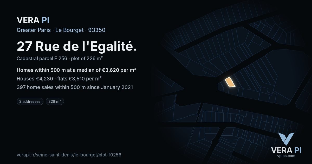 27 Rue de l'Egalité, Le Bourget at night – the plot lit, the parcels around coloured by the prices near them