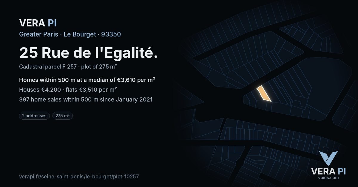 25 Rue de l'Egalité, Le Bourget at night – the plot lit, the parcels around coloured by the prices near them