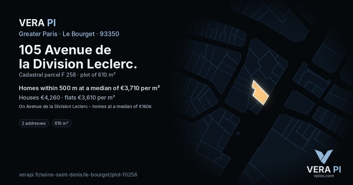 105 Avenue de la Division Leclerc, Le Bourget at night – the plot lit, the parcels around coloured by the prices near them